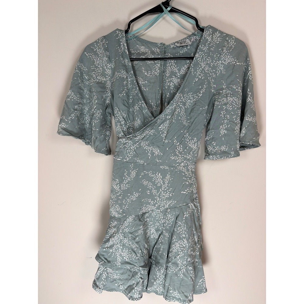 Princess Polly Sage Green Leaf Print Wrap Mini Dress Ruffle Skirt Size 2 US